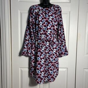 Banana Republic Floral Dress Women M White Purple Long Bell Sleeve Ruffle Belted
